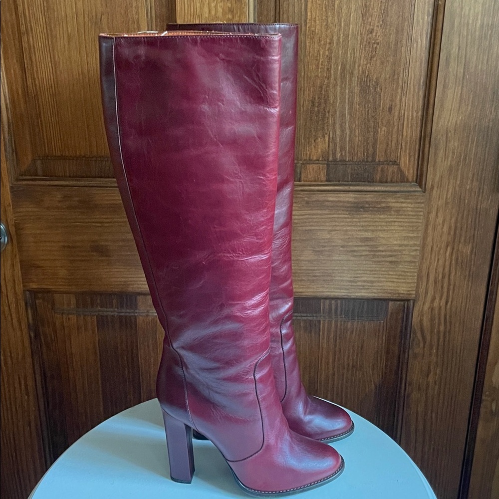 LANVIN Paris Burgundy Wine Leather Knee High Heel Boots 40 10 Worn Once RARE! - Picture 3 of 15